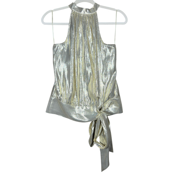 Trina Turk Top Womens Small NEW Silk Champagne Cocktail Gold Lame Halter Bow - Picture 1 of 12